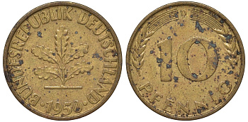 ФРГ 10 пфеннигов 1950 D KM 108, J. 383 сталь плакированная латунью 4132-524