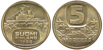 ФИНЛЯНДИЯ 5 МАРОК 1988 M, КОРАБЛЬ KM 57 алюминиевая бронза UNC 3334-432