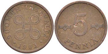 ФИНЛЯНДИЯ 5 ПЕННИ 1963 KM 45 медь 218-1267