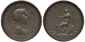 Великобритания 1 пенни 1806 Георг III (1760-1820) KM 663, Spink 3780 медь 1524-322