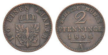 Пруссия 2 пфеннига 1858 A, Фридрих Вильгельм IV (1840-1861) KM 452, Jaeger 51, Olding 336, AKS 91 медь 4651-253
