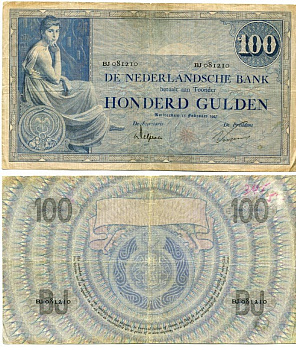 Нидерланды 100 гульденов 1927 15 февраля 1927, серия BJ Pick 39 d, Akkermans 80.1b.5.1 бумага 451-252-1