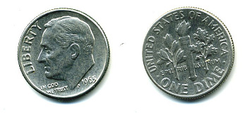 США 10 ЦЕНТОВ = 1 ДАЙМ 1965 РУЗВЕЛЬТ KM 195a медь плакированная медно-никелем 76-237