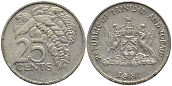 Тринидад и Тобаго 25 центов 1981 цветок дикая пуансеттия KM 32 медно-никель 4396-759