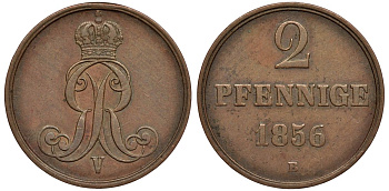 Брауншвейг-Каленберг-Ганновер 2 пфеннига 1856 B, Георг V (1851-1866) KM 217,  AKS 152, J. 84 медь 4142-155