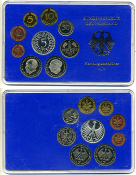 ФРГ набор из 9 монет 1974 J, в оригинальной пластиковой упаковке KM PS 35 PROOF 3-4-8-15