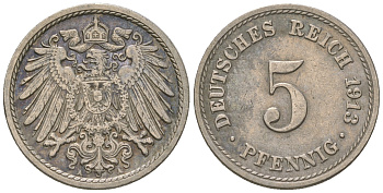 ГДР 5 пфеннигов 1913 A, KM 11, J. 12 медно-никель 3458-1124