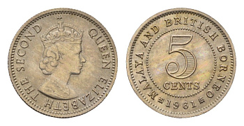 Малайя и Британское Борнео 5 центов 1961 Елизавета II (1952-2022), британские колония KM 1 медно-никель 4679-667