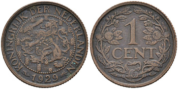 Нидерланды 1 цент 1929 Вильгельмина (1890-1948) KM 152 бронза 4576-739