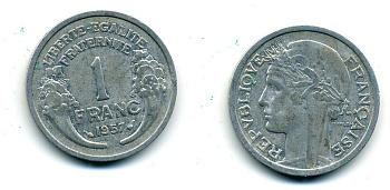 ФРАНЦИЯ 1 ФРАНК 1957 В KM 885а.2 алюминий 84-522