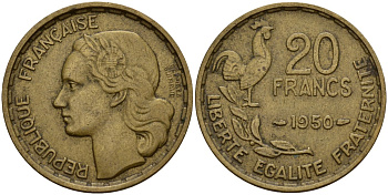 Франция 20 франков 1950 B, Петух KM 917.1 алюминиевая бронза 4159-926