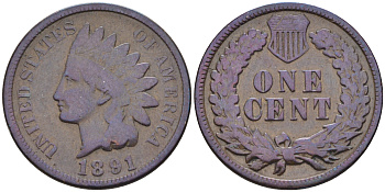 США 1 цент 1891 индеец, Indian head  бронза    4169-135
