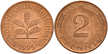 ФРГ 2 пфеннига 1995 F J.381a, KM 106a сталь плакированная медью    4598-937
