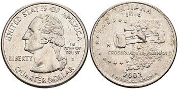 США 25 центов = квотер 2002 D, серия штаты США, Индиана KM 334 медь плакированная медно-никелем 4586-155