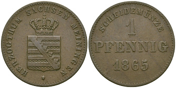 Саксен-Мейнинген 1 пфенниг 1865 Бернгард II (1803-1866) KM 170 медь 99-628