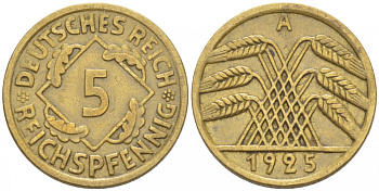 Германия 5 рейхспфеннигов 1925 A KM 39, J. 316, Weege 7 алюминиевая бронза 3955-651