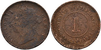 Стрейтс-Сетлментс 1 цент 1895 Виктория (1837-1901), Ост-Индская компания KM 16 бронза 4590-614