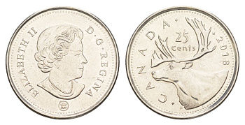 Канада 25 центов 2018 Leaf, Елизавета II (1952-2022), олень KM 2296 сталь плакированная никелем UNC 4631-737