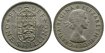 Великобритания 1 шиллинг 1960 Елизавета II (1952-2022), Английский герб KM 904, Spink 4147 медно-никель 4384-415
