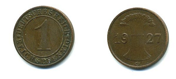 ГЕРМАНИЯ 1 РЕЙХСПФЕННИГ 1927 G KM 37, J. 313 бронза 46-853