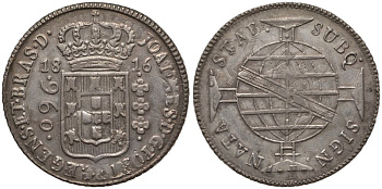 Бразилия 960 рейс 1816 B, монетный двор Бахия (Bahia), перечекан, патина, Жоао принц-регент (1799-1818) KM 307.1 серебро 00-817-65