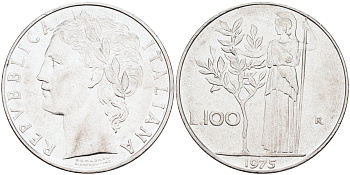 ИТАЛИЯ 100 ЛИР 1975 R, АФИНА KM 96.1 нержавеющая сталь 4589-645