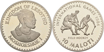 Лесото 10 малоти 1984 международный чемпионат по хоккею на траве, UNUSUL KM X#1 медно-никель PROOF 1098-4-54