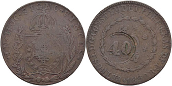 Бразилия 40 рейс 1835 провинция ICO, надчеканка на 80 рейсах 1830R Педро I KM 444.1 медь    4527-1025