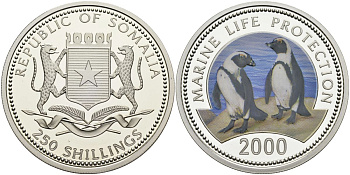 Сомали 250 шиллингов 2000 серия Защита морской жизни, пингвины Гумбольдта, цветная эмаль, тираж 5000 экз. KM 63 серебро PROOF 1098-3-63