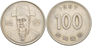 Южная Корея 100 вон 1987 Ли-Сунсин, корейский флотоводец KM 35.2 медно-никель 4514-1116