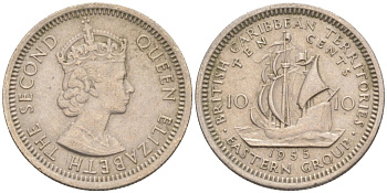 Британские Восточно-Карибские территории 10 центов 1955 Елизавета II (1952-2022), парусник KM 5 медно-никель 187-325