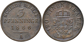 ПРУССИЯ 3 ПФЕННИГА 1866 А, ВИЛЬГЕЛЬМ I (1861-1888) KM 482 медь 4448-1114