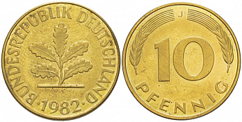 ФРГ 10 ПФЕННИГОВ 1982 J KM 108, J.383 сталь плакированная латунью 3718-824