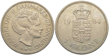 Дания 1 крона 1984 R;B, Маргрете II (1972-) KM 862.3 медно-никель 113-917