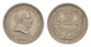 Уругвай 2 сентесимо 1953 KM 33 медно-никель 4636-248