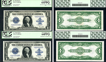 США 1 доллар 1923 две парные банкноты, Джордж Вашингтон, серебряный сертификат, в слабе PCGS 64 PPQ Fr 237, 238  бумага  UNC (пресс) 452-1-145