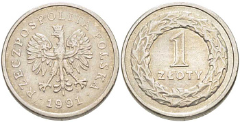 ПОЛЬША 1 ЗЛОТЫЙ 1991 MW KM 282 медно-никель 34-1125