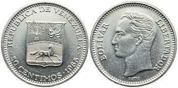 Венесуэла 50 сентимо 1965 Симон Боливар KM 41, Schon 51 никель 4392-1012