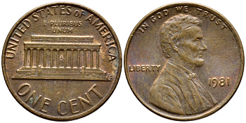 США 1 ЦЕНТ 1981 ЛИНКОЛЬН KM 201 медь цинк 4396-448