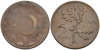 Турция 5 курушей 1964 KM 890.1 бронза 4580-156