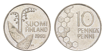 Финляндия 10 пенни 1993 KM 65 медно-никель 4647-354