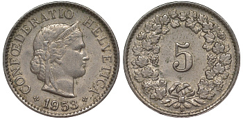 Швейцария 5 раппенов 1953 в KM 26 медно-никель 4124-532