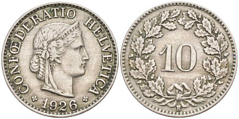 ШВЕЙЦАРИЯ 10 РАППЕНОВ 1926 В KM 27 медно-никель 3309-411