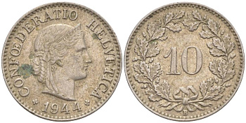 ШВЕЙЦАРИЯ 10 РАППЕНОВ 1944 В KM 27 медно-никель 201-543