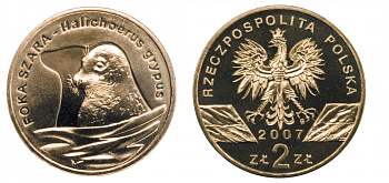 Польша 2 злотых 2007 MW, серия всемирная природа, длинномордый тюлень KM 578 латунь UNC M19-6