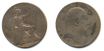 Великобритания 1 пенни 1905 Эдуард VII (1901-1910) KM 794.2, Spink 3990 бронза 83-534