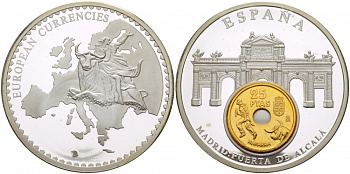 НИДЕРЛАНДЫ МЕДАЛЬ ND МОНЕТА НА МЕДАЛИ,СЕРИЯ ДОЕВРОВЫЕ ЕВРОПЕЙСКИЕ МОНЕТЫ, ИСПАНИЯ, 25 ПЕСЕТ БАРСЕЛОНА серебрение PROOF 1090-1-32