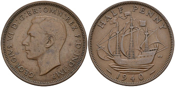 Великобритания 1/2 пенни 1940 Георг VI (1936-1952) KM 844, Spink 4115 бронза 4153-823