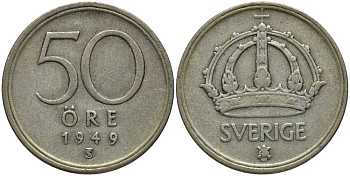 Швеция 50 эре 1949 TS, Густав V (1907-1950) KM 817 серебро 202-616