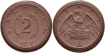 Саксония 2 марки 1921 J. N 56 фарфор 1094-1-43